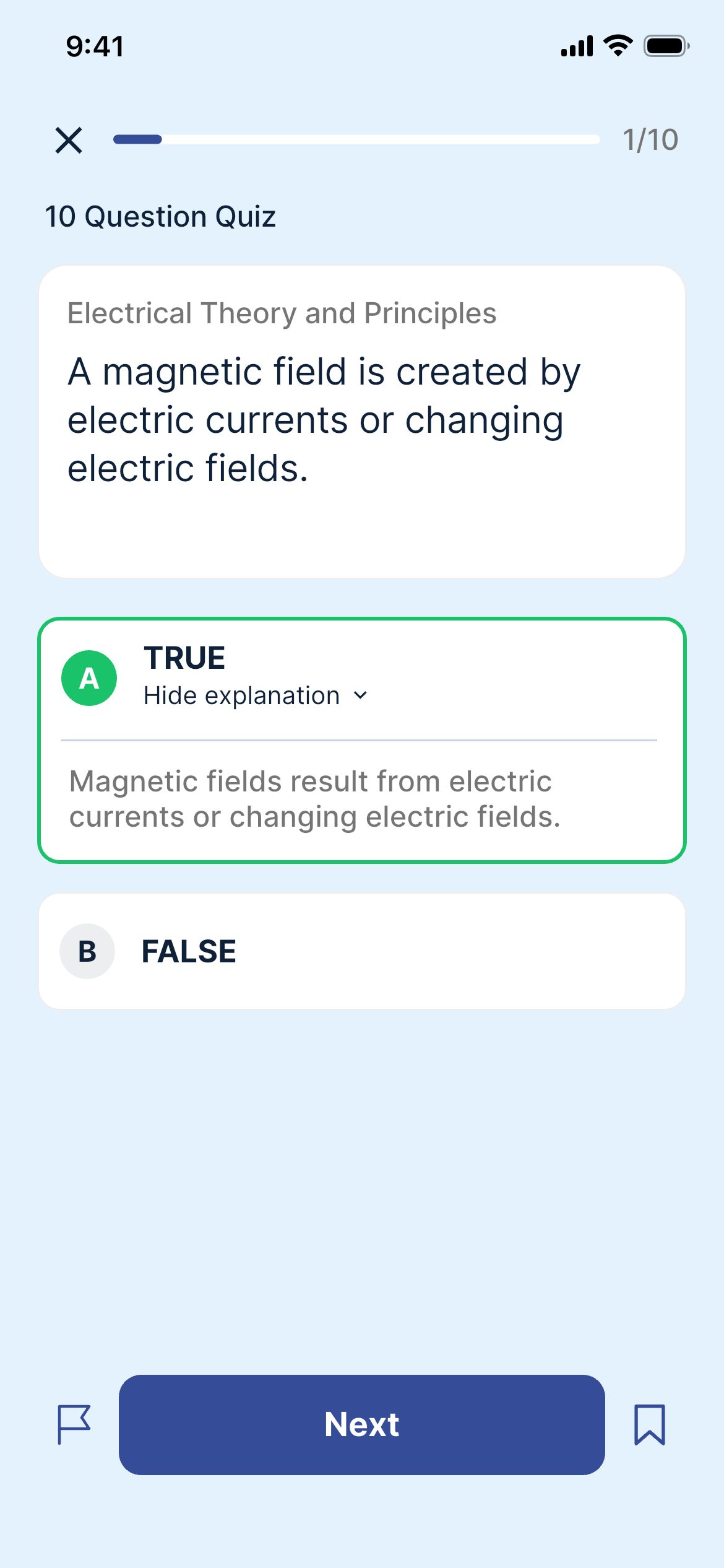 Electrician quiz with a selected answer and its expanded explanation