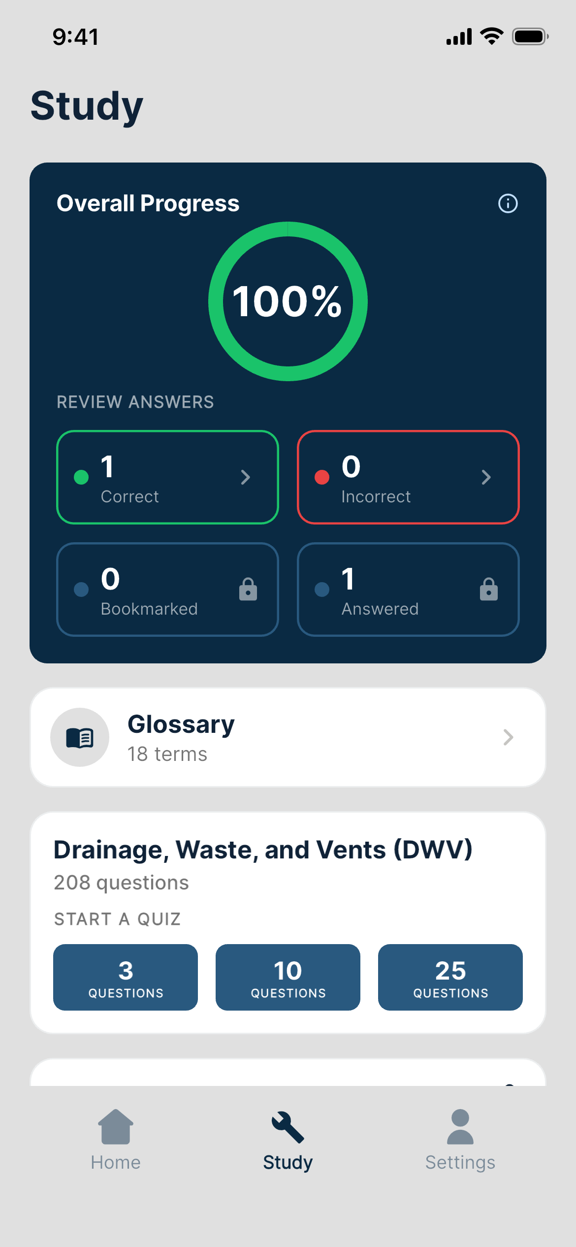 Plumbing Study showing a drainage, waste and vents category quiz card